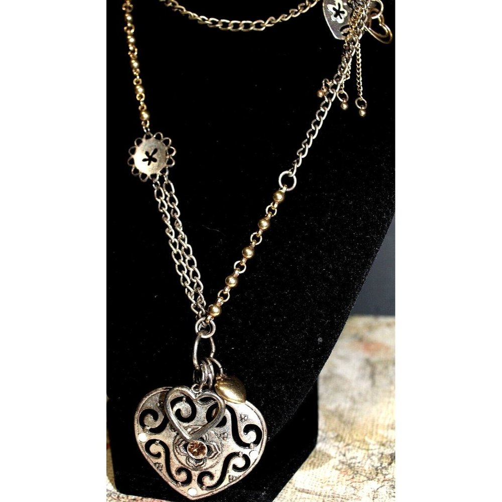 Silver Gold Heart Charm Necklace Pendant Steam Punk Amber Rhinestone Metal Chain